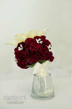 bridal bouquet with cockscomb or brain celosia and mini callas